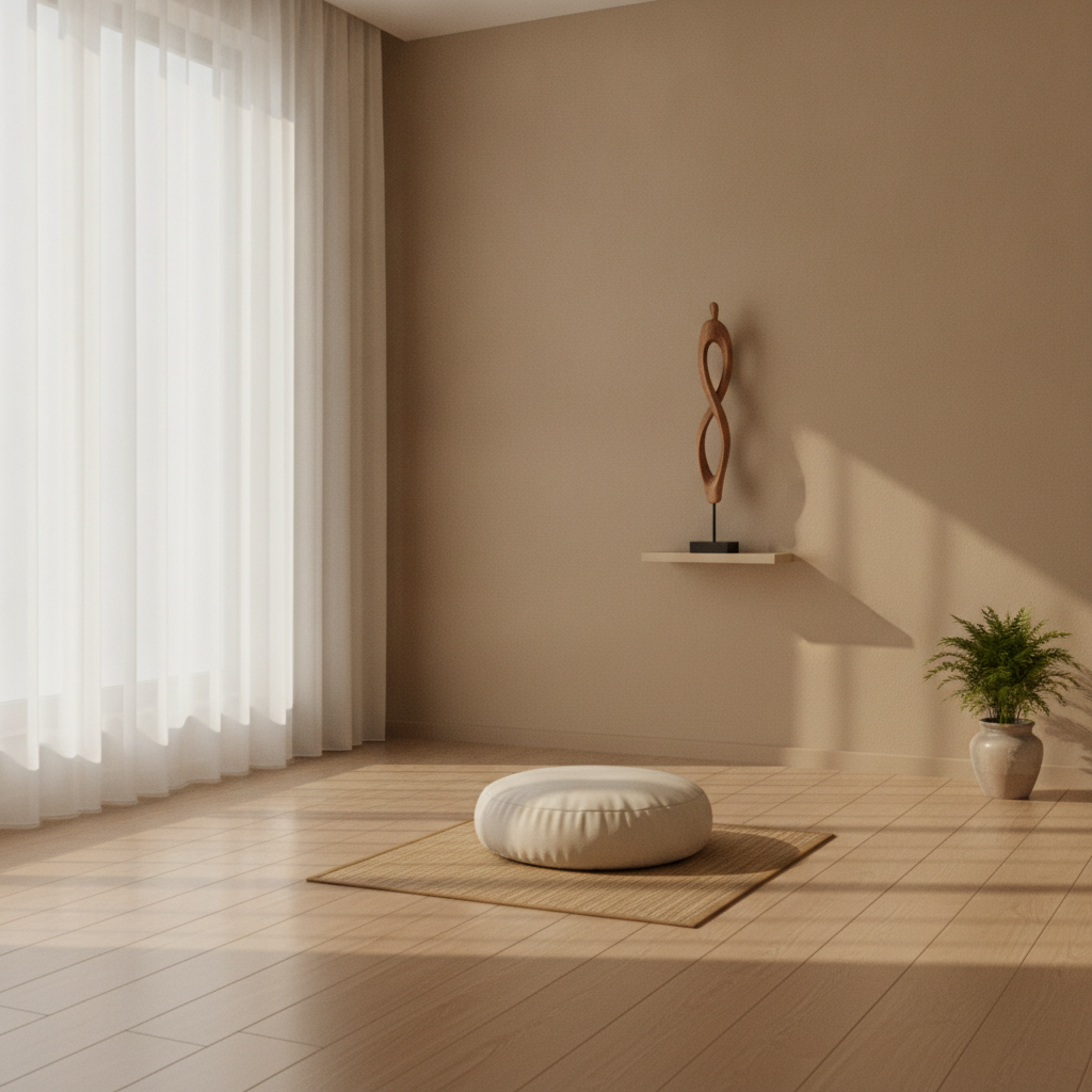 Calm meditation space with soft morning light